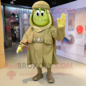 Olive Soldier mascot costume character dressed with a Raincoat and Foot pads