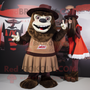Brown Vampire mascot costume character dressed with a A-Line Skirt and Caps