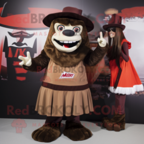 Brown Vampire mascot costume character dressed with a A-Line Skirt and Caps