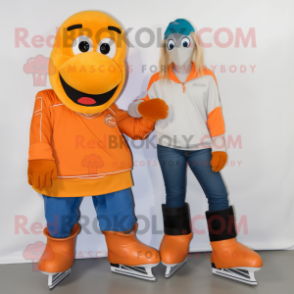 Orange Pair Of Ice Skates mascot costume character dressed with a Boyfriend Jeans and Clutch bags