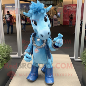 Blue Horse mascot costume character dressed with a Flare Jeans and Necklaces