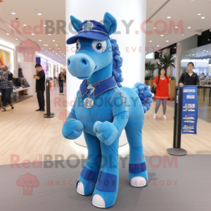 Blue Horse mascot costume character dressed with a Flare Jeans and Necklaces