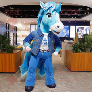 Blue Horse mascot costume character dressed with a Flare Jeans and Necklaces