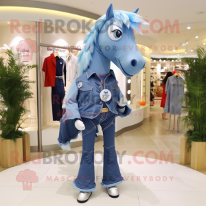 Blue Horse mascot costume character dressed with a Flare Jeans and Necklaces