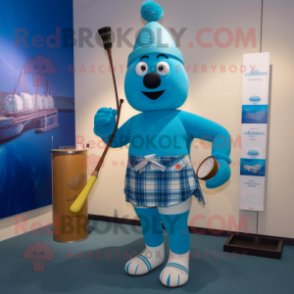 Sky Blue Bagpipe mascot costume character dressed with a One-Piece Swimsuit and Wallets