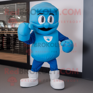 Blue Boxing Glove mascot costume character dressed with a Capri Pants and Messenger bags