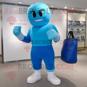 Blue Boxing Glove mascot costume character dressed with a Capri Pants and Messenger bags