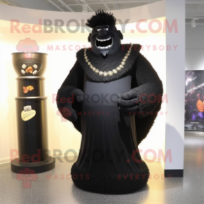 Black Strongman mascot costume character dressed with a Evening Gown and Shawl pins