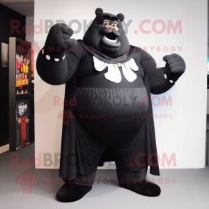 Black Strongman mascot costume character dressed with a Evening Gown and Shawl pins