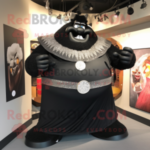 Black Strongman mascot costume character dressed with a Evening Gown and Shawl pins