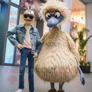 Beige Ostrich mascot costume character dressed with a Boyfriend Jeans and Brooches