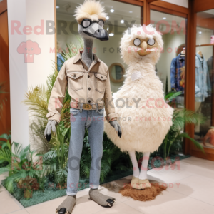 Beige Ostrich mascot costume character dressed with a Boyfriend Jeans and Brooches