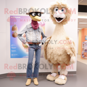 Beige Ostrich mascot costume character dressed with a Boyfriend Jeans and Brooches