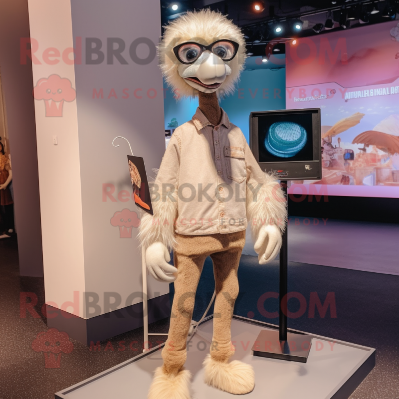 Beige Ostrich mascot costume character dressed with a Boyfriend Jeans and Brooches