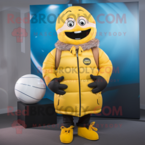 Yellow Rugby Ball mascot costume character dressed with a Parka and Beanies