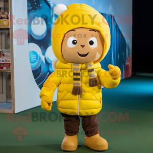 Yellow Rugby Ball mascot costume character dressed with a Parka and Beanies