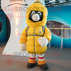 Yellow Rugby Ball mascot costume character dressed with a Parka and Beanies