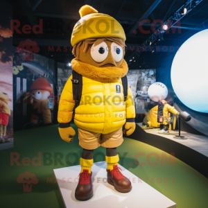 Yellow Rugby Ball mascot costume character dressed with a Parka and Beanies