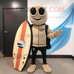 Tan Surfboard mascot costume character dressed with a Biker Jacket and Tote bags