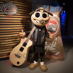 Tan Surfboard mascot costume character dressed with a Biker Jacket and Tote bags