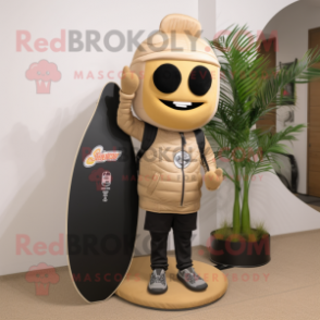 Tan Surfboard mascot costume character dressed with a Biker Jacket and Tote bags
