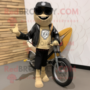 Tan Surfboard mascot costume character dressed with a Biker Jacket and Tote bags