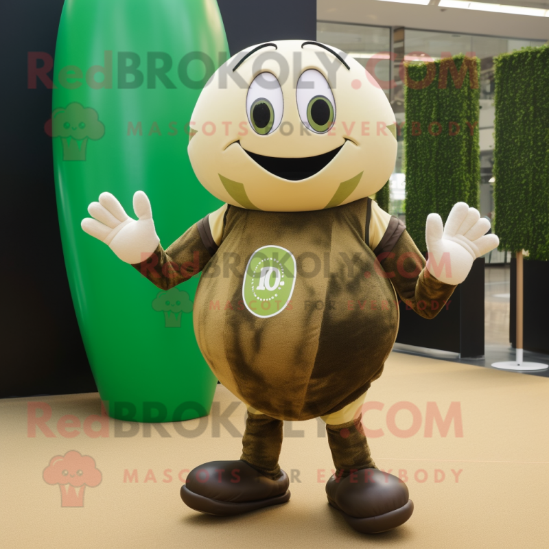 Olive Rugby Ball mascot costume character dressed with a Bodysuit and Rings Olive Rugby Ball mascot costume character dressed with a Bodysuit and Rings