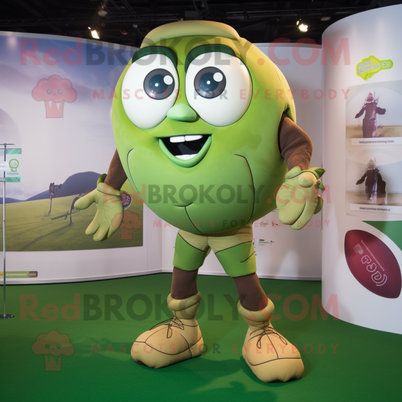 Olive Rugby Ball mascot costume character dressed with a Bodysuit and Rings Olive Rugby Ball mascot costume character dressed with a Bodysuit and Rings