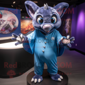 Blue Bat mascot costume character dressed with a Button-Up Shirt and Bracelets