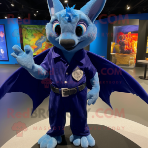 Blue Bat mascot costume character dressed with a Button-Up Shirt and Bracelets