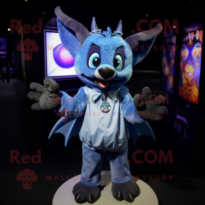 Blue Bat mascot costume character dressed with a Button-Up Shirt and Bracelets