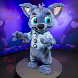 Blue Bat mascot costume character dressed with a Button-Up Shirt and Bracelets
