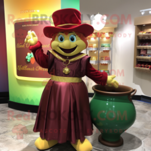 Maroon Pot Of Gold mascot costume character dressed with a A-Line Dress and Handbags