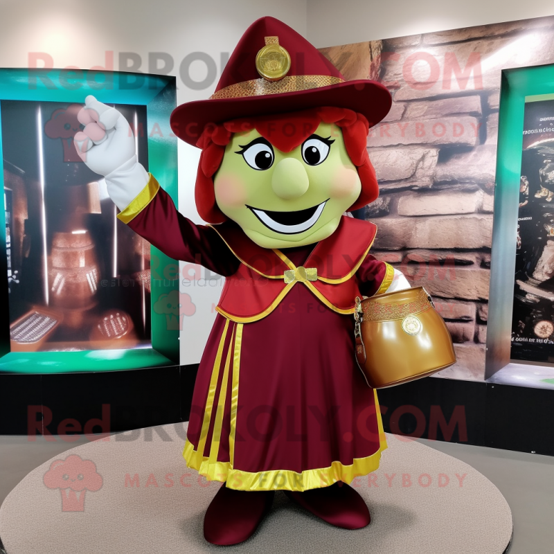 Maroon Pot Of Gold mascot costume character dressed with a A-Line Dress and Handbags Maroon Pot Of Gold mascot costume character dressed with a A-Line Dress and Handbags