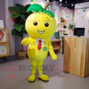 Lemon Yellow Apple mascot costume character dressed with a Dress Shirt and Hairpins