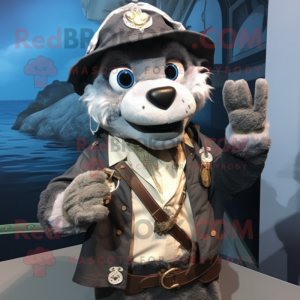 Gray Pirate mascot costume character dressed with a Parka and Gloves