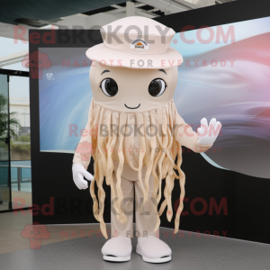 Beige Jellyfish mascot costume character dressed with a Dress Shirt and Caps