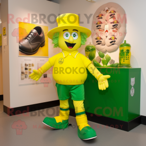 Lemon Yellow Irish Dancing Shoes mascot costume character dressed with a Rugby Shirt and Hat pins