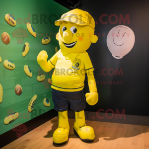 Lemon Yellow Irish Dancing Shoes mascot costume character dressed with a Rugby Shirt and Hat pins