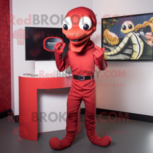 Red Snake mascot costume character dressed with a Romper and Ties