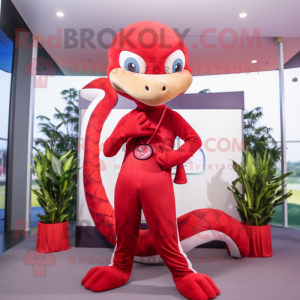 Red Snake mascot costume character dressed with a Romper and Ties