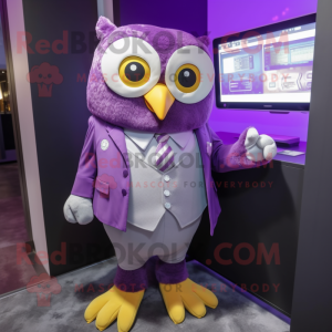 Purple Owl mascot costume character dressed with a Suit and Wallets