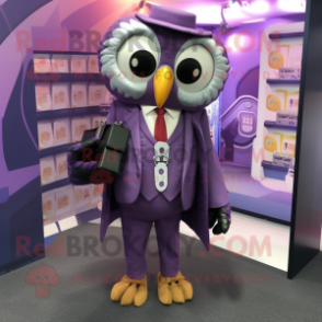 Purple Owl mascot costume character dressed with a Suit and Wallets