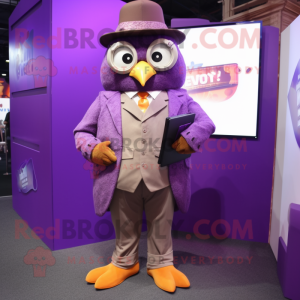 Purple Owl mascot costume character dressed with a Suit and Wallets