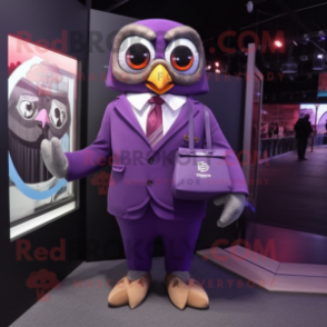 Purple Owl mascot costume character dressed with a Suit and Wallets