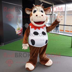 Brown Holstein Cow mascot costume character dressed with a Skirt and Foot pads