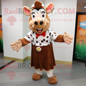 Brown Holstein Cow mascot costume character dressed with a Skirt and Foot pads