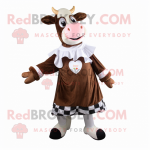 Brown Holstein Cow mascot costume character dressed with a Skirt and Foot pads