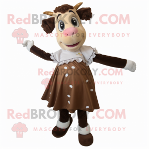 Brown Holstein Cow mascot costume character dressed with a Skirt and Foot pads