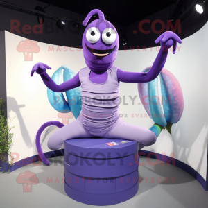 Lavender Contortionist mascot costume character dressed with a Tank Top and Belts